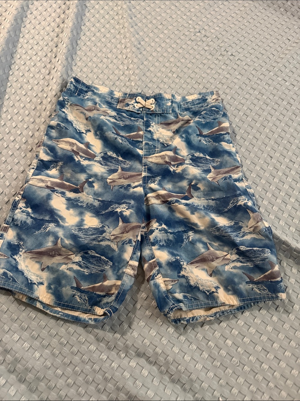 Boys Blue Shark-Print Swim Trunks